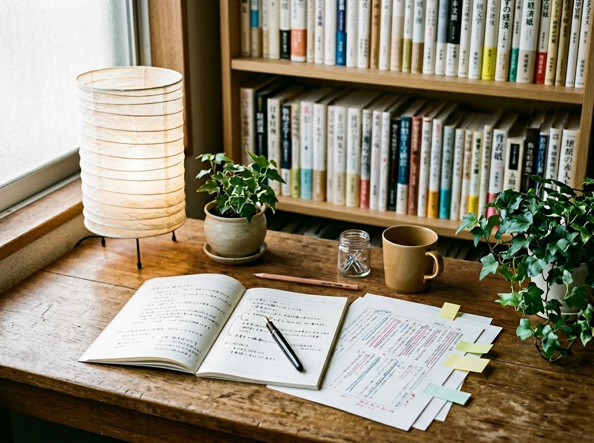 木目調の編集机に和書とノートが並ぶ落ち着いた作業スペース