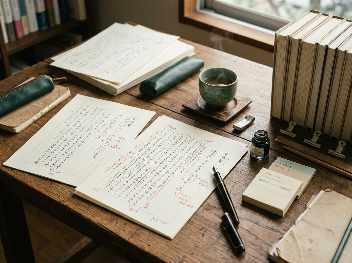 編集机に和書とノートが並び、落ち着いた光が差し込む編集室の様子